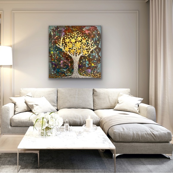 The Wishing Tree - a handmade acrylic textured painting on a 14x14-inch canvas. - Picture 6 of 10